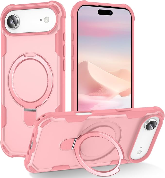 Compatible with iPhone 17 Air Case with Invisible Magnetic Ring Stand [Compatible with Magnetic] [Military Drop Protection] Shockproof Slim Hard Back Soft Edge Case 6.6 Inch, Pink
