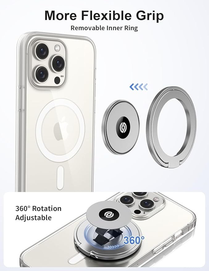 EWA MagOne Ultra (Plate Edition) Phone Grip Stand with Leather Finger Strap, Removable Magnetic Ring Holder Kickstand Loop, Double-Sided Magnetic Accessories for Phone-Silver