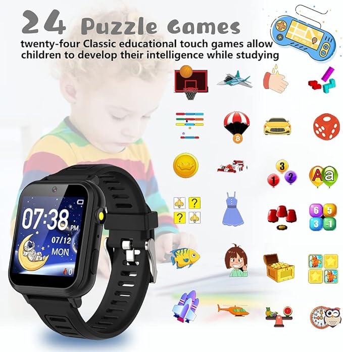Retysaz Kids Smart Watch,24 Game Smart Watch for Kids, Fashion Smartwatches for Children 3-14 Great Gifts to Girls Boys (Black)
