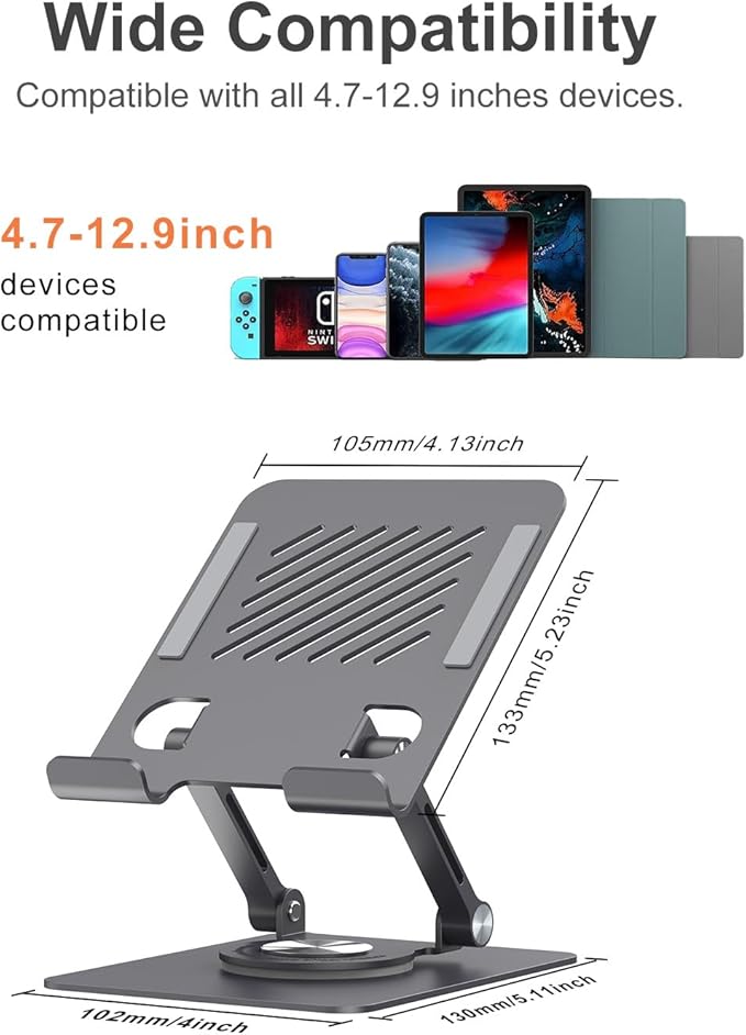 JUANWE Swivel iPad Stand for Desk, Aluminum Tablet Stand for Desk with 360 Rotating Base, Adjustable & Foldable iPad Holder, Compatible with Tablets, Switch, Kindle, Phone