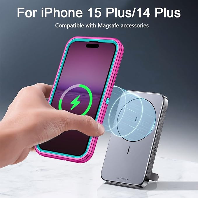 for iPhone 14 Plus Case,iPhone 15 Plus Case [Compatible with MagSafe] Shockproof 3-Layer Full Body Protection Rugged Heavy Duty Cover for Apple iPhone 14/15 Plus 6.7",Rose Red/Green