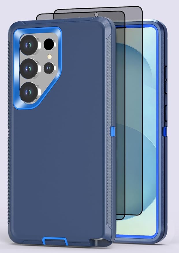 Designed for Samsung Galaxy S25 Ultra Case [with Privacy Screen Protector] 3-Layer Full Body Protection Rugged Shockproof Heavy Duty Phone Case Cover, Navy Blue