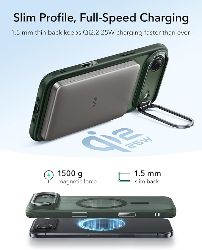 ESR for iPhone Air Case with Stand, Camera Control Cover Compatible with MagSafe, Military-Grade Drop Protection Magnetic Phone Case for iPhone 17 Air Case, Scratch-Resistant Back Cover,Frosted Green