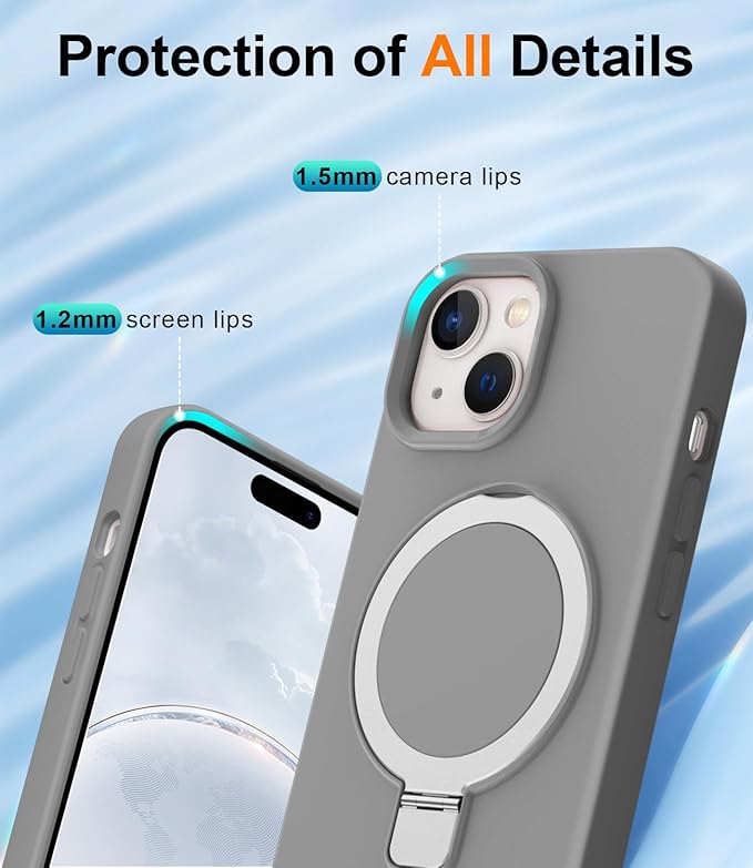 ZHK Liquid Silicone Designed for iPhone 15 Case with Magnet Stand, [Mil-Grade Drop Shockproof][Soft Anti-Scratch Microfiber Lining] Slim Fit Cover, Grey