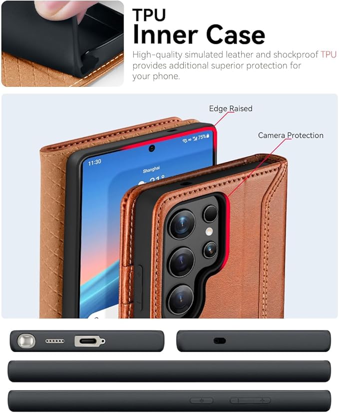 OCASE Compatible with Galaxy S25 Ultra Wallet Case, PU Leather Flip Folio Case with Card Holders RFID Blocking Kickstand [Shockproof TPU Inner Shell] Protective Phone Cover 2025, Retro Brown