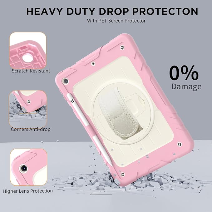 Case for iPad 9th/8th/7th Generation-Built-in Screen Protector,with Pencil Holder&360°Rotating Hand Strap,Shoulder Strap,Case for iPad 10.2 inch 2021-2019(Pink/Beige)