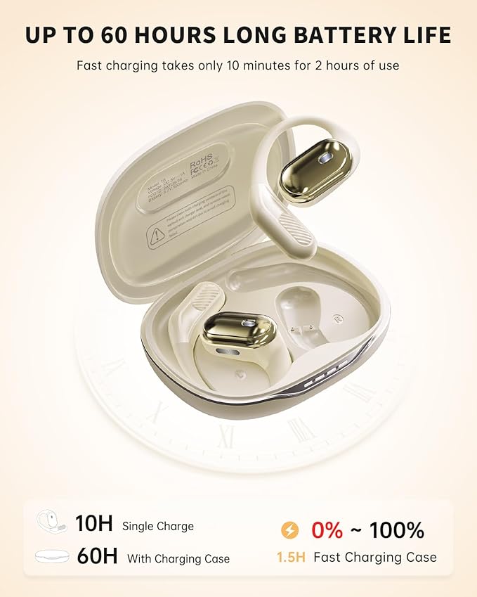 Open-Ear Headphones, Over Ear Earbuds with Ear Hooks, True Wireless Bluetooth Earphones with Microphone, Touch Control, Clear Calls, 60H Playtime, IPX7 Waterproof for Running and Workouts