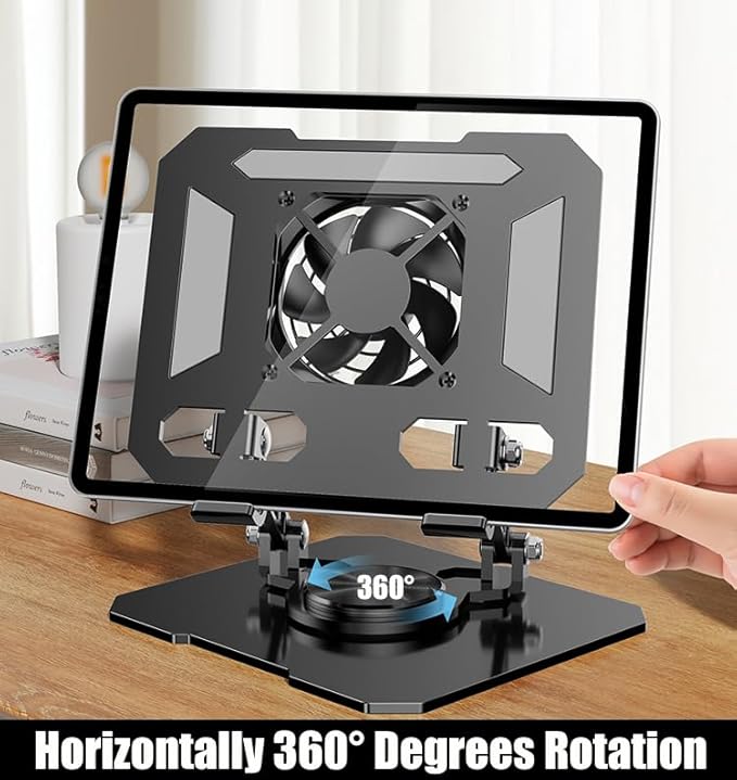 360° Rotating Tablet Desk Stand Holder with USB Cooler，Carbon Steel Frame Dual Rod Mount Support for iPad Pro 13 12 11 Air Mini 5 4 3 Samsung Tab E-Reader (Silver with Built-in Cooler)