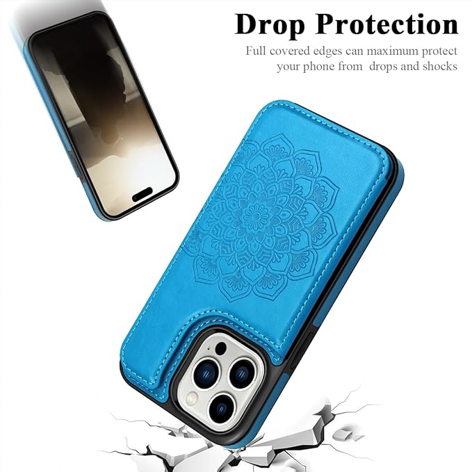 MMHUO for iPhone 15 Pro Case with Card Holder,Flower Magnetic Buttons Protective Wallet Case for Women for iPhone 15 Pro,Blue