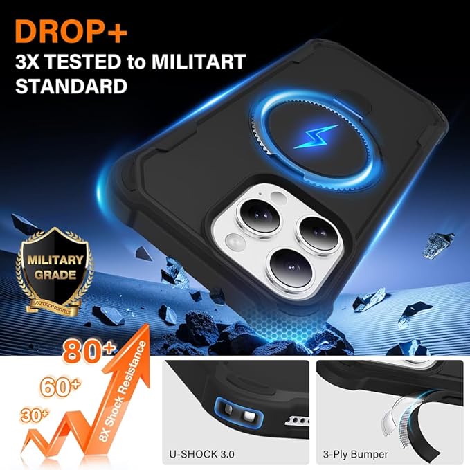 Designed for iPhone 16 Pro Case with Magnetic Stand [Military Drop Protection][Compatible with Magnet] Shockproof 16 Pro Phone Case with Ring Holder, Black