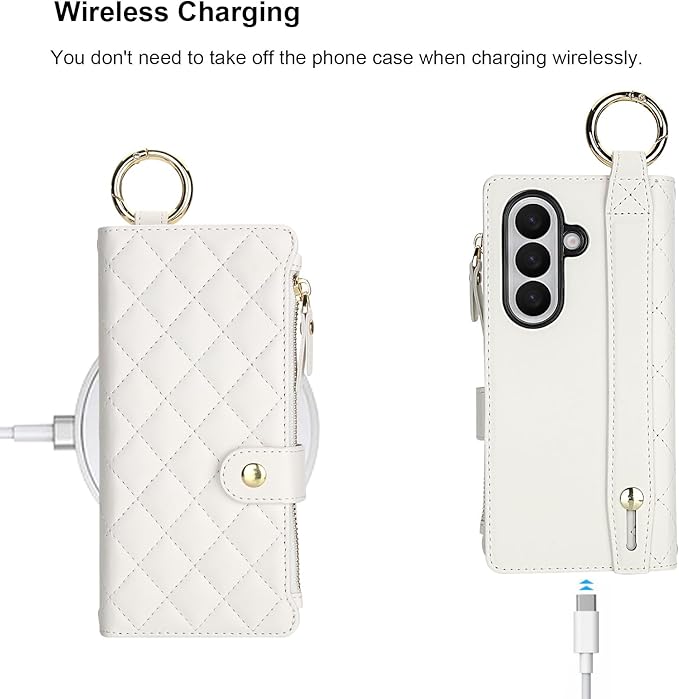 KIHUWEY for Galaxy Z Fold 7 Wallet Case with Card Holder Premium Leather Magnetic RFID Blocking Shockproof Zipper Wrist Strap Lanyard Cover for Samsung Galaxy Z Fold 7 8.0 Inch (White)