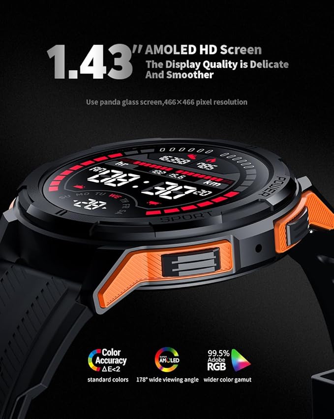 Gravity C25 1.43" AMOLED Smartwatch with Always-On Display, Bluetooth Call, AI Voice, 100+ Sports Modes, Heart Rate & Sleep Monitor, 1 ATM Waterproof, Fitness Tracker for iOS & Android (Orange)