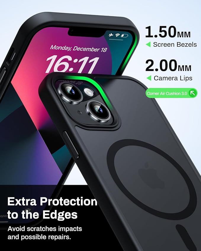 Magnetic for iPhone 13 Case & iPhone 14 Case, Compatible with MagSafe, Military Grade Drop Protection, Slim Fit Shockproof Anti-Fingerprint Translucent Matte Phone Protective Cover, Black
