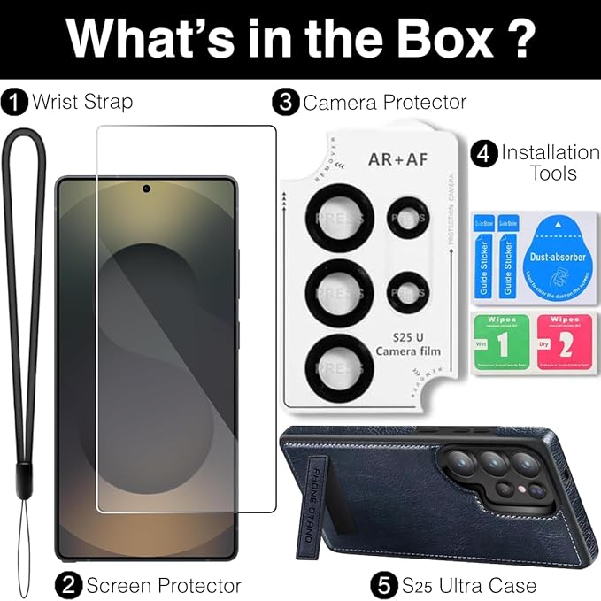 for Galaxy S25 Ultra Leather Case, Built-in Foldable Alloy Stand, with Camera Lens and Screen Protector, Slim Shockproof Kickstand Phone Cover 2025 (Blue)