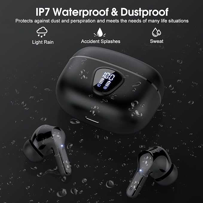 Wireless Earbuds, Bluetooth 5.4 Headphones HiFi Stereo, Bluetooth Earbuds with ENC Noise Cancelling Mic, IP7 Waterproof in Ear Earphones, 48H, LED Display Ear Buds for Pad Workout Sports, Black