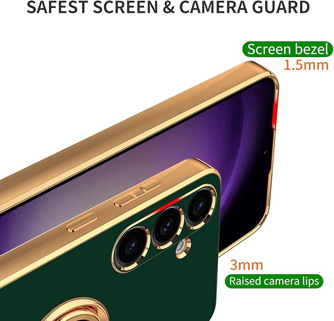Dinick Green for Samsung Galaxy S24+ Case with Ring Holder Kickstand [with Magnetic] Soft TPU Bumper, Glitter Gold Electroplated Cover Slim Thin Protective Phone Case for Galaxy S24 Plus