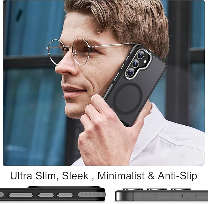 for Samsung Galaxy S24 Case, [Built-in Stand] Anti-Skid TPU Edge & Matte Translucent S24 Cover, Compatible with Magsafe, Slim Shockproof Magnetic Phone Case for S24 5G (Black/Grey)