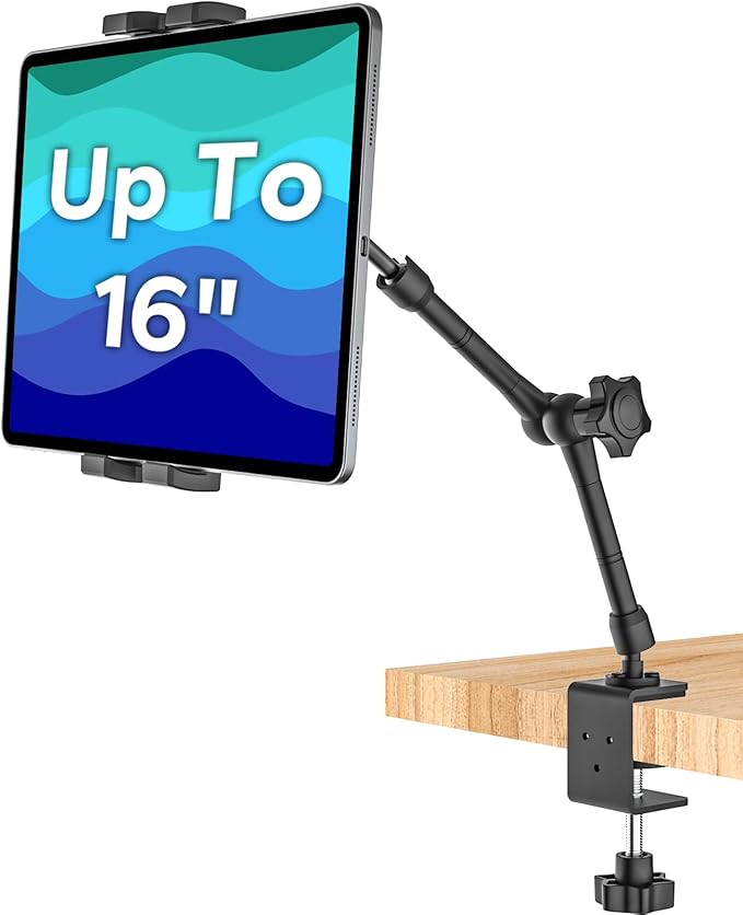 16" Tablet Stand Holder for Desk, Under Cabinet, Shelf, Bed, [Metal Arm] 360° Adjustable Tablet Holder Clamp Compatible with iPad Pro/Air/Mini, Kindles, Fire HD, Galaxy Tabs and All 4.7-16" Tablets