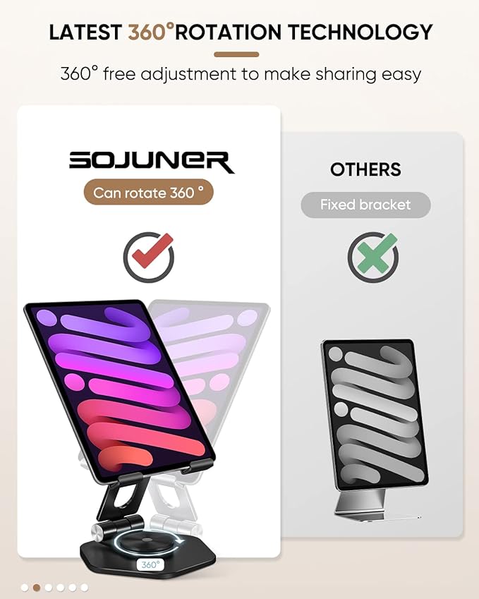 Foldable Aluminum Tablet Stand for Desk, 360° Swivel iPad & Tablet Holder – Portable & Stable Desktop Mount for 5–12.9in Devices, Black