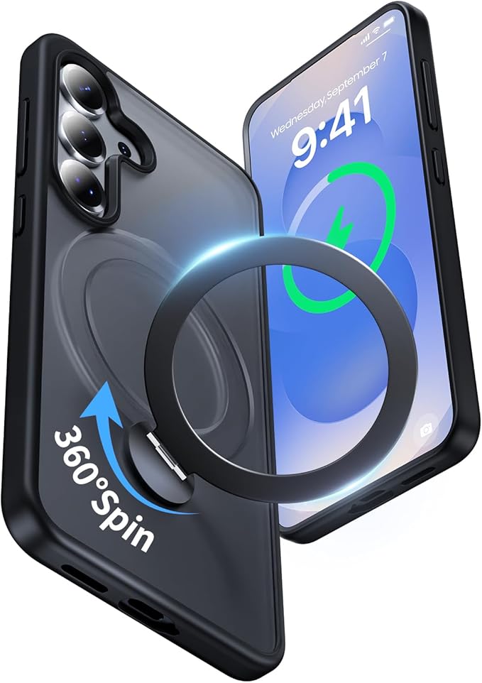 for Samsung Galaxy S25 Case,Compatible with Magsafe [Wireless Charging],with 360°Rotatable Magnetic Ring Stand Matte Translucent Slim Soft Edge Phone Kickstand,Black