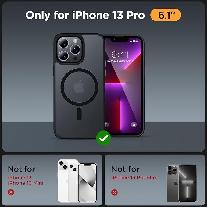 Miracase Magnetic for iPhone 13 Pro Case 6.1 inch (Compatible with MagSafe)（with 2X Screen Protectors） Military-Grade Protection, Anti-Fingerprint Translucent Matte Phone Case Cover, Black