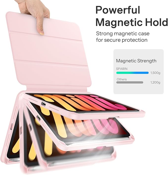 SPARIN Case for iPad mini 7 A17 Pro 2024/iPad Mini 6 2021 8.3 Inch, Detachable Magnetic Cover, Portrait/Landscape Stand with Pencil Holder, Support Auto Wake/Sleep (Pink)