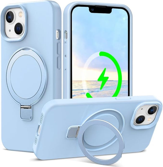 ZHK Liquid Silicone Designed for iPhone 13/14 Case with Magnet Stand, [Mil-Grade Drop Shockproof][Soft Anti-Scratch Microfiber Lining] Slim Fit Cover,Baby Blue