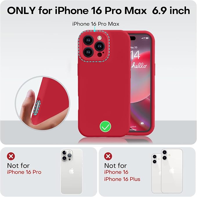 Vooii Compatible with iPhone 16 Pro Max Case, Liquid Silicone Upgrade [Camera Protection] [Soft Anti-Scratch Microfiber Lining] Shockproof Phone Case for iPhone 16 Pro Max 6.9 inch - Red
