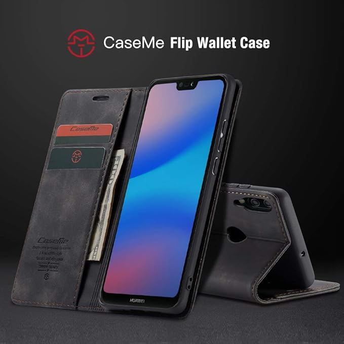 for Huawei P20 Lite Case, Flip Wallet Leather Case with Card Holder Magnetic Closure Shockproof Kickstand Protective Phone Cases Cover for Huawei P20 Lite,Black