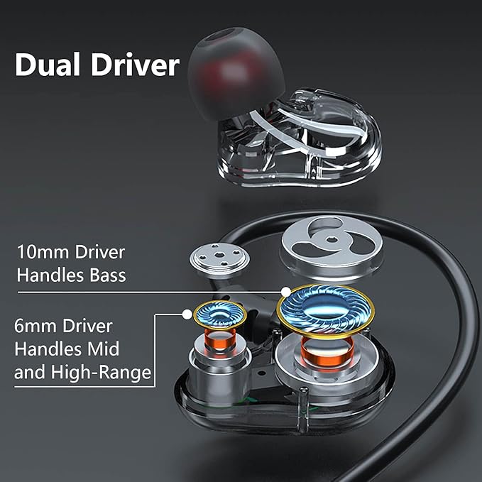 Wired Headphones, Dual Driver Wired Earbuds with Extra Bass, Wrap Around Over Ear Earphones with Hook, Small Plug in Ear Buds, 1.2m Braided Cord 3.5mm Jack