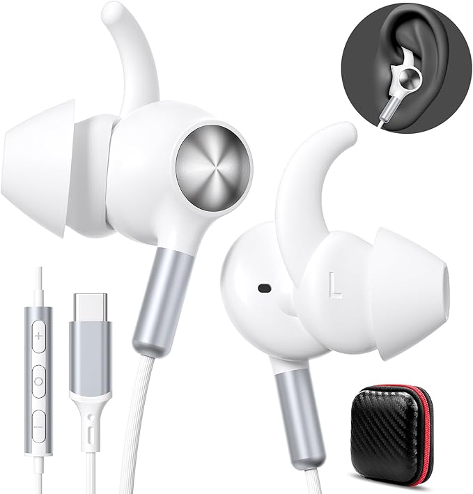 APETOO Wired Ear Buds Sport USB-C Headphone w/Anti-Fall/Hurt Wingtips for iPhone 17/16/15/Android, Hands-Free Call, Pure Stereo Deep Bass, Noise Isolating in-Ear Earbuds for Outdoor/Indoor/Small Ear