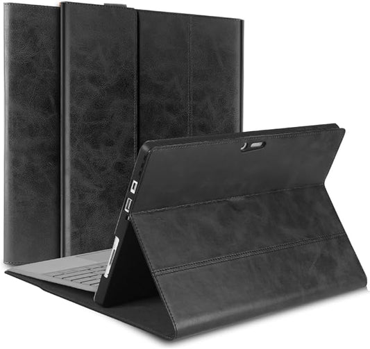 for Microsoft Surface Pro 4/5/6/7/7 Plus + 12.3 inch Case 2015/2017/2018/2019/2021 Genuine Leather Cover Protective Shell Compatible with Type Cover Keyboard and Pencil Holder.Black