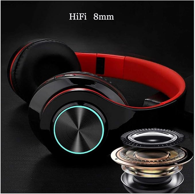 Bluetooth Over Ear Headphones, LED Lights Headphones with Built-in Mic, Light Weight, Bluetooth 5.0, Wireless Foldable HiFi Stereo Headphones for Classroom/Home/Office/PC/Mobile Phone (Black red)