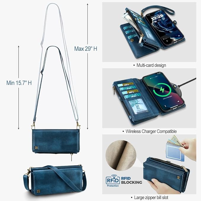 for iPhone 17 Pro Wallet Phone Case with 7 Card Holder,RFID Blocking | PU Leather | Kickstand | Flip | Wrist Strap&Shoulder Strap | Shockproof | Zipper Wallet | Women Men | 6.3" | Blue