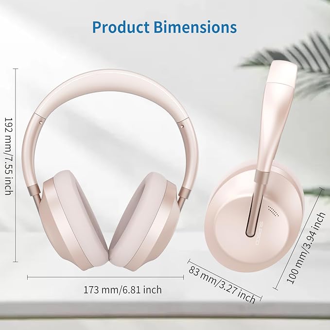 Wireless Bluetooth Headphones Active Noise Cancelling Over-Ear Headphones with Microphone for Cellphone/Laptop/Computer (Rose Gold)