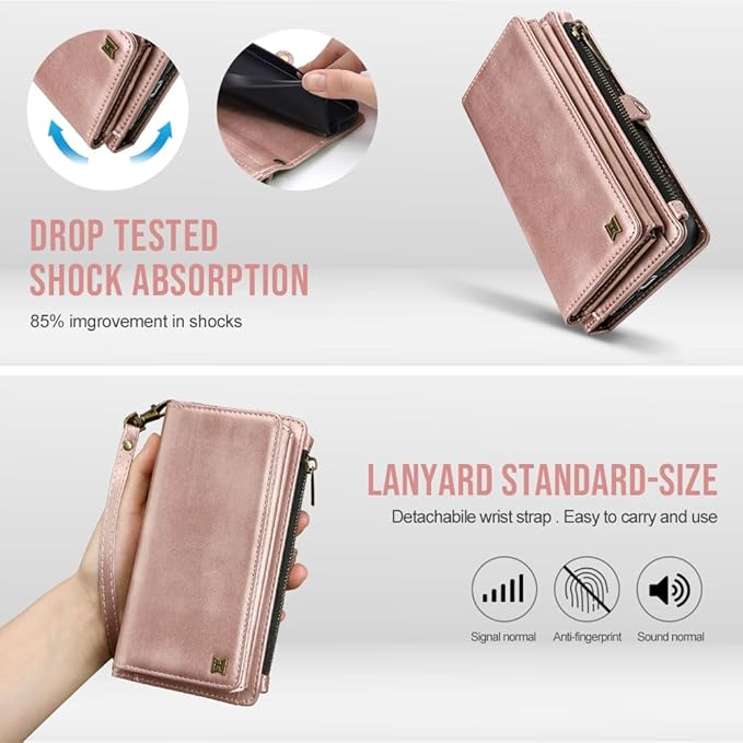 for iPhone 17 Wallet Phone Case with 7 Card Holder,RFID Blocking | PU Leather | Kickstand | Flip | Wrist Strap&Shoulder Strap | Shockproof | Zipper Wallet | Women Men | 6.3" | Rose Gold
