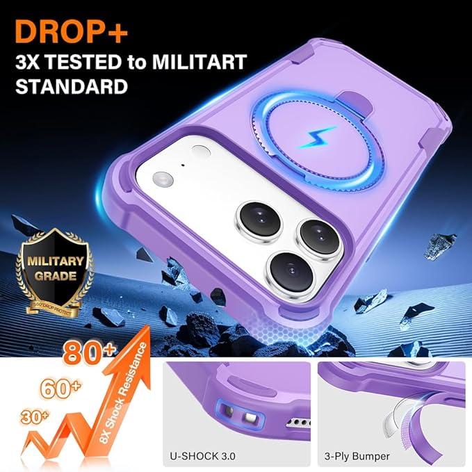 Designed for iPhone 17 Pro Case with Magnetic Stand [Military Drop Protection][Compatible with Magnet] Shockproof 17 Pro Phone Case with Ring Holder, Purple
