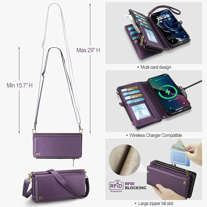for iPhone 17 Pro Wallet Phone Case with 7 Card Holder,RFID Blocking | PU Leather | Kickstand | Flip | Wrist Strap&Shoulder Strap | Shockproof | Zipper Wallet | Women Men | 6.3" | Purple