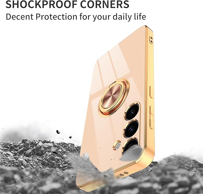 Dinick Pink for Samsung Galaxy S24 Case with Ring Holder Kickstand [with Magnetic] Soft TPU Bumper, Glitter Gold Electroplated Cover Slim Thin Protective Phone Case for Galaxy S24