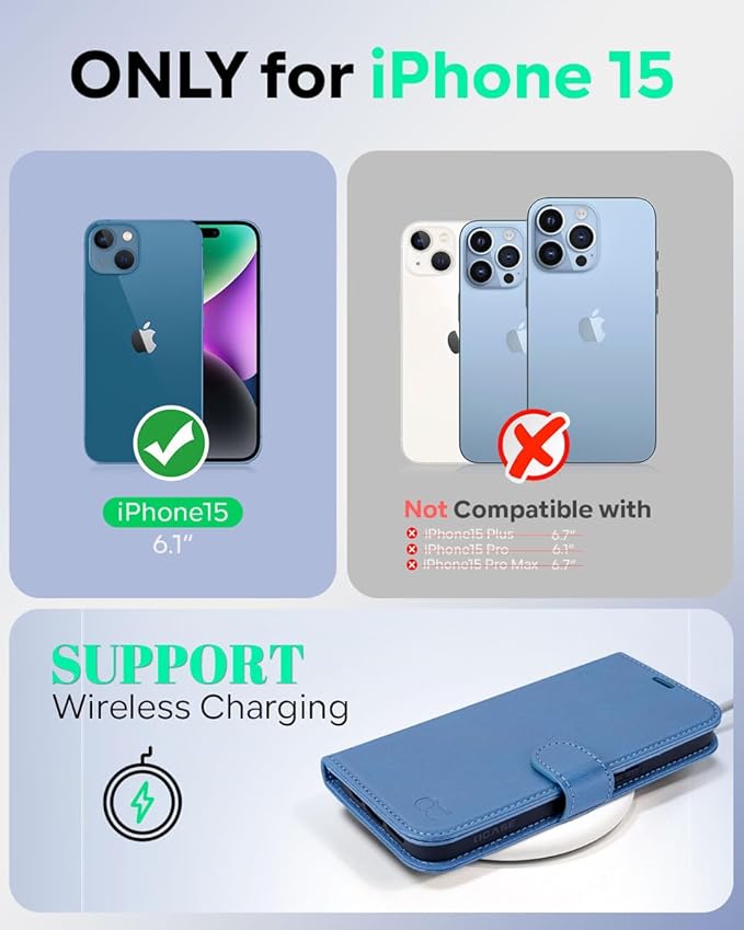 OCASE Compatible with iPhone 15 Wallet Case, PU Leather Flip Folio Case with Card Holders RFID Blocking Kickstand [Shockproof TPU Inner Shell] Phone Cover 6.1 Inch 2023, Light Blue
