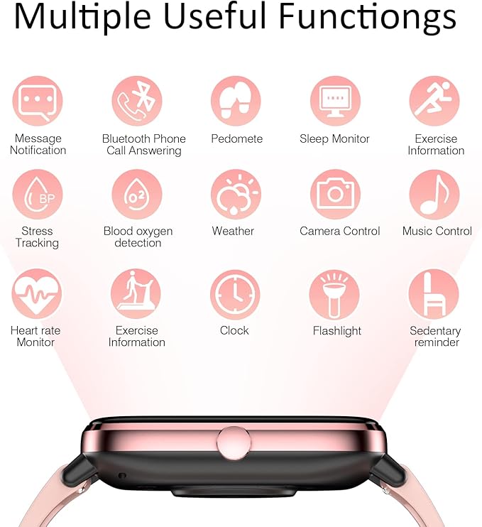 Smartwatch for Women - Call, Fitness Tracker, Heart Rate & Sleep Monitor, 1.69" Touch Screen, Waterproof - For Android & iPhone, Pink