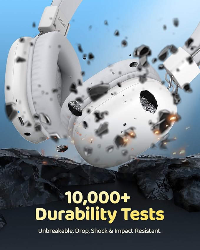 Kids Bluetooth Headphones, Over-Ear Wireless Headphones with Microphone, Safe-Volume 85dBA, Bluetooth 5.4, Foldable Lightweight and Comfortable, 50H Playtime, USB-C Charging, White