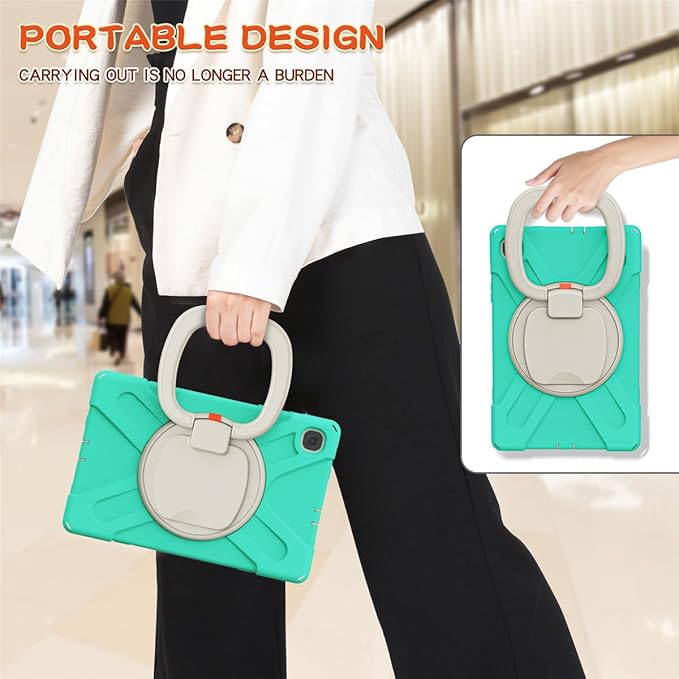 360 Rotation Case for Samsung Galaxy Tab S6 Lite 10.4" Sturdy Cover Rotate Ring Stand Shoulder Carrying Strap Hand Strap Rugged Children Adults Outdoor Case (MintGreen)