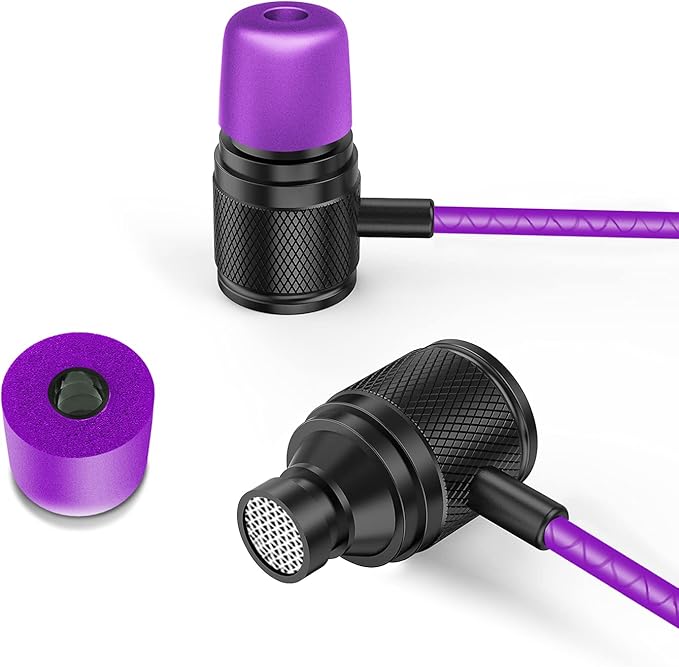 LUDOS Ultra Wired Earbuds in-Ear Headphones, 5 Years Warranty, Earphones with Microphone, Noise Isolating Ear Buds, Memory Foam for iPhone, Samsung, School Students, Kids, Women, Small Ears - Purple