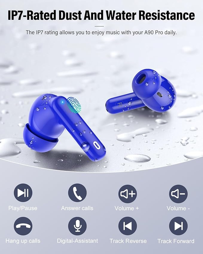 Wireless Earbuds, Bluetooth 5.4 Headphones Bass Stereo, Ear Buds with Noise Cancelling Mic, IP7 Waterproof in Ear Earphones, 36H LED Display Bluetooth Earbuds for Laptop Pad Phones Sports, Blue