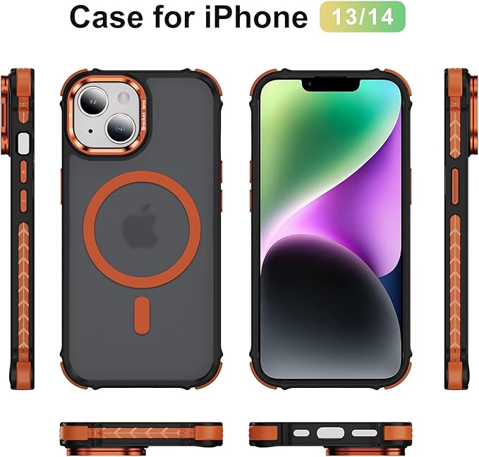 Magnetic for iPhone 14 Case/iPhone 13 Case Orange with MagSafe Wireless Charging Military-Grade Shockproof Protection Adjustable Kickstand Slim Matte Anti-Fingerprint Cover Men Women
