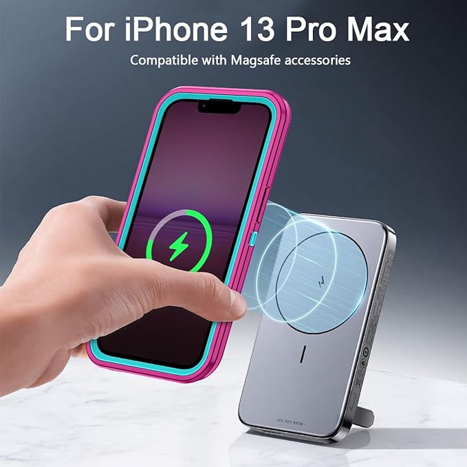 for iPhone 12 Pro Max Case,iPhone 13 Pro Max Case [Compatible with MagSafe] Shockproof 3-Layer Full Body Protection Rugged Heavy Duty Cover for Apple iPhone 12/13 Pro Max,Rose Red/Green
