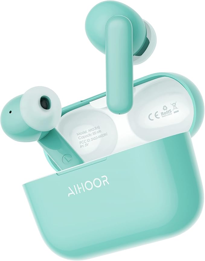 AIHOOR Wireless Earbuds for Music and Sports, Bluetooth 5.3 in-Ear Headphones with Extra Bass Built-in Mic Touch Control 30hr Battery Earphones, Waterproof (Tiffany)