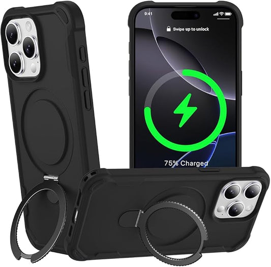 Designed for iPhone 16 Pro Max Case with Magnetic Stand [Military Drop Protection][Compatible with Magnet] Shockproof 16 Pro Max Phone Case with Ring Holder, Black