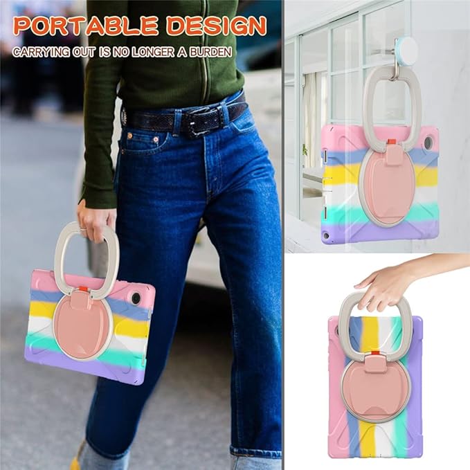 360 Rotation Galaxy Tab A8 10.5" Case Sturdy Cover Rotate Ring Stand Shoulder Carrying Strap Hand Strap Rugged Children Adults Outdoor Case, Colourful Pink